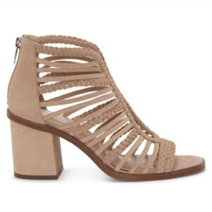 Vince Camuto KESTAL Beige Suede Leather Block Heel Caged Bohemian Sandal Sz 7.5